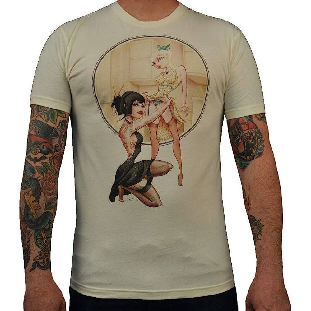 Hot in the Kitchen Sexy Pinup Girls Ivory Tattoo Art Tee S-M-L-XL-XXL NWT